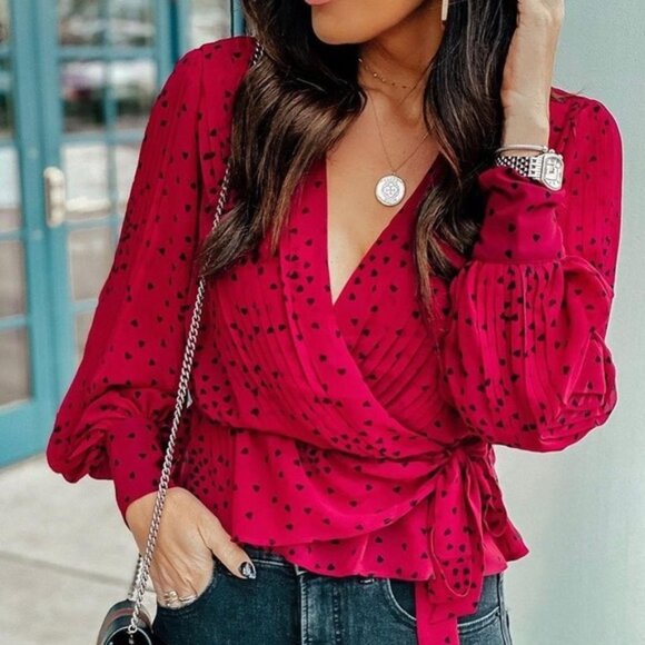 Express Red Pleated Heart Print Faux Wrap Blouse M - Picture 1 of 16